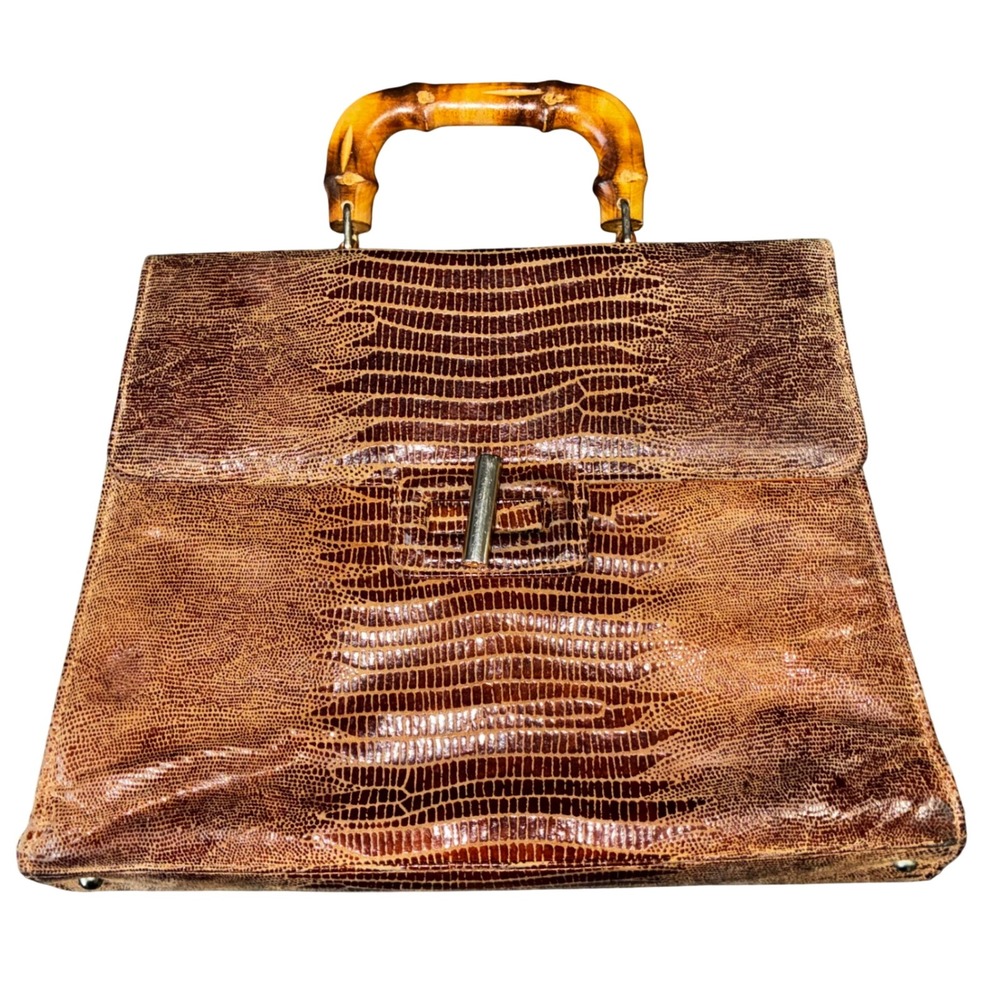Vintage Due Fratelli Brown Lizard Embossed Leather Bamboo Top Handle Bag Satchel